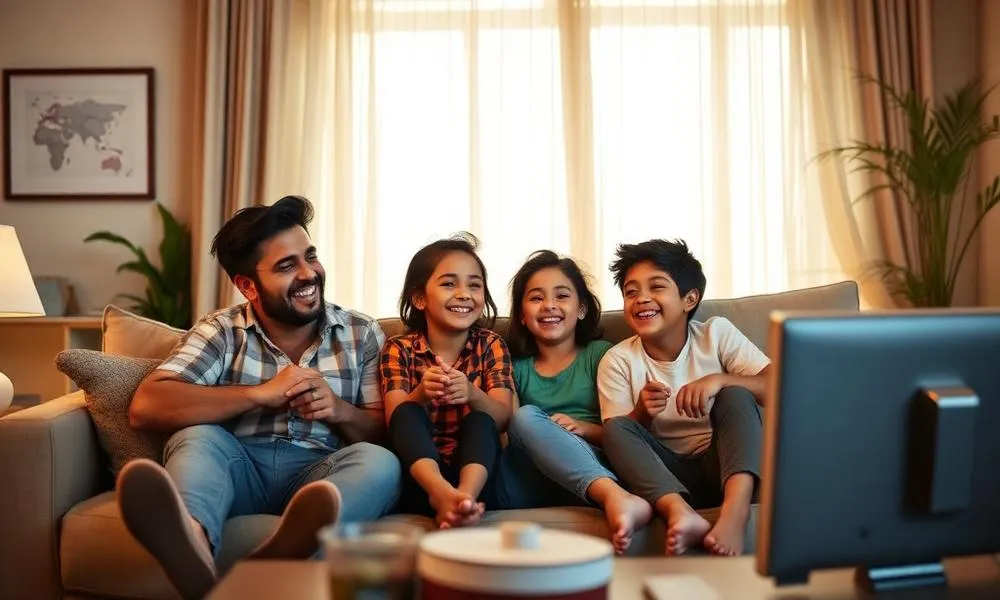 Família reunida na sala assistindo TV pelo IPTV Core